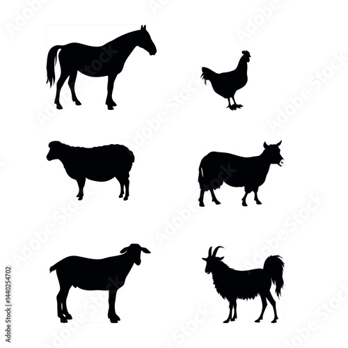 This vector collection features black silhouette icons of farm animals such as cow, horse, pig, sheep, and chicken, ideal for nature or domestic animal illustrations.