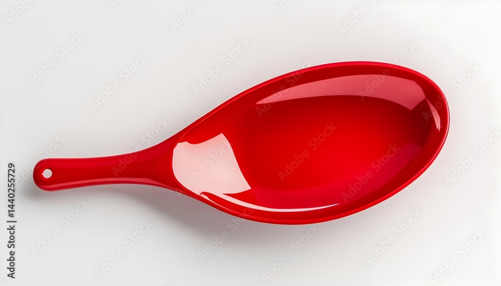 A vibrant red, oval-shaped serving spoon with a sleek, glossy finish and a small hole in the handle, rests on a plain white background A vibrant red, oval-shaped serving spoon with a sleek, glossy finish and a small hole in the handle, rests on a plain white background