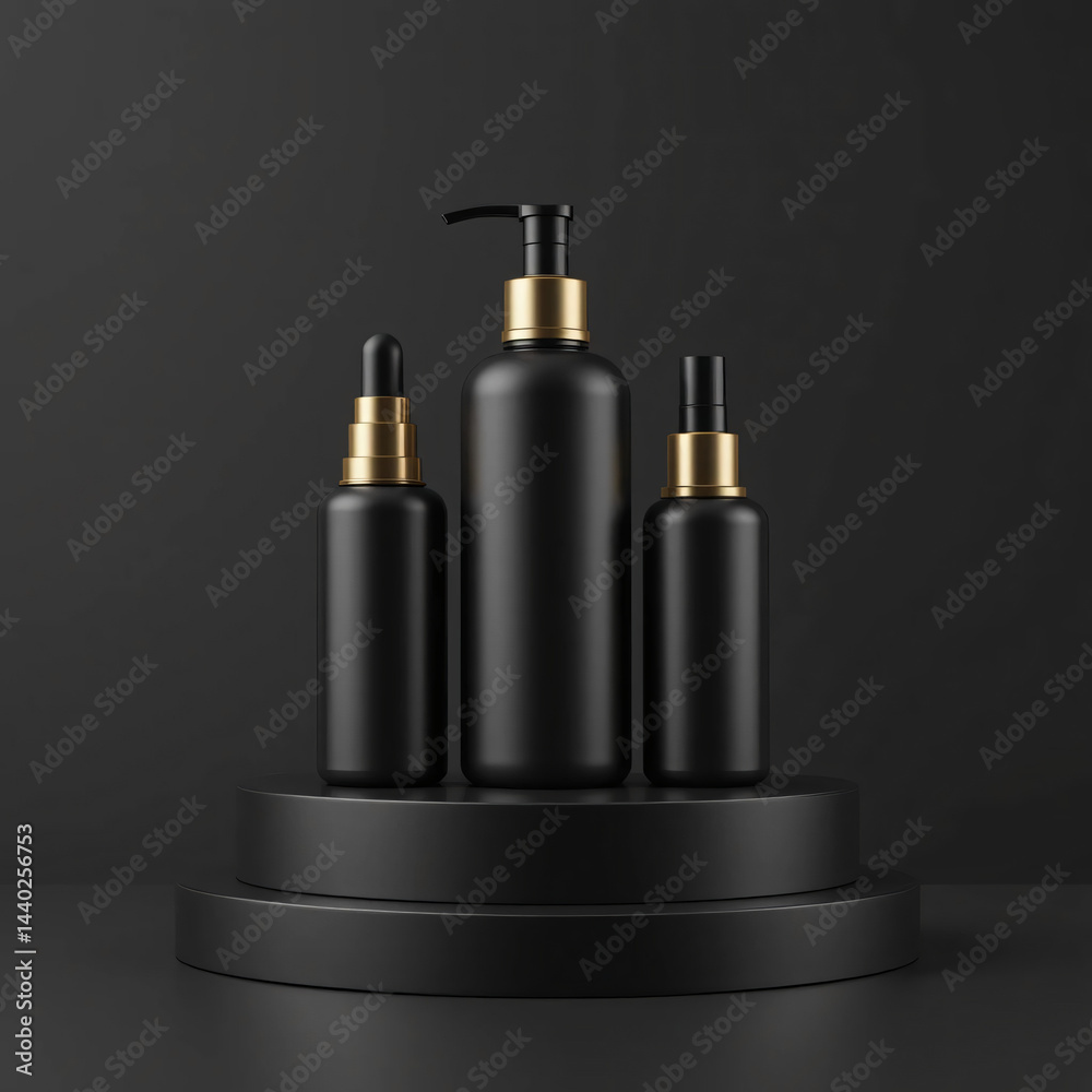 Three Dark Product Bottles Displayed on Pedestal Against a Dark Backdrop Three Dark Product Bottles Displayed on Pedestal Against a Dark Backdrop