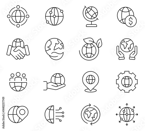 Global Earth Globe and World Network editable Line Icons Set – International Business, Environmental Sustainability, Digital Connection, Travel, and Technology Symbols in Minimal Outline Style