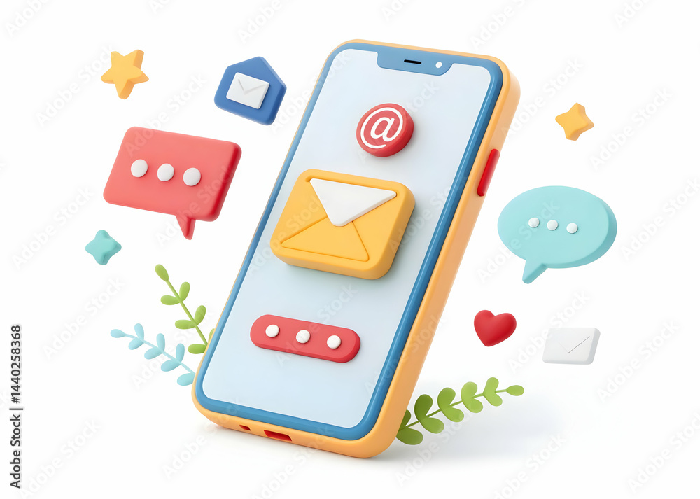 Colorful Phone with Message Icons and Notifications in 3D Design Colorful Phone with Message Icons and Notifications in 3D Design