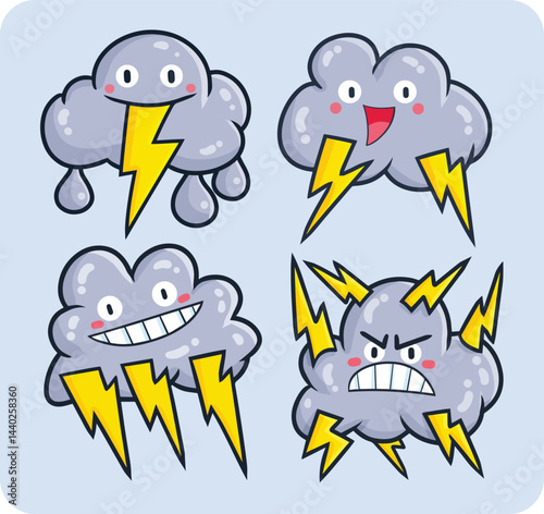 Funny and cute dark thunder cloud cartoon character illustration set