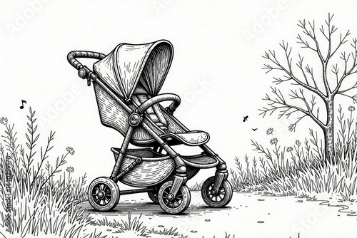 Intricate stroller line art, monochrome, bold lines, abstract, elegant, trendy