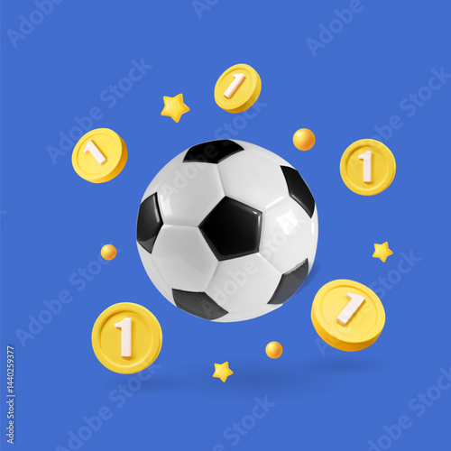Soccer ball with gold flying coins on a blue background. Sports betting. Soccer bets. Money winning, game bet Vector illustration.