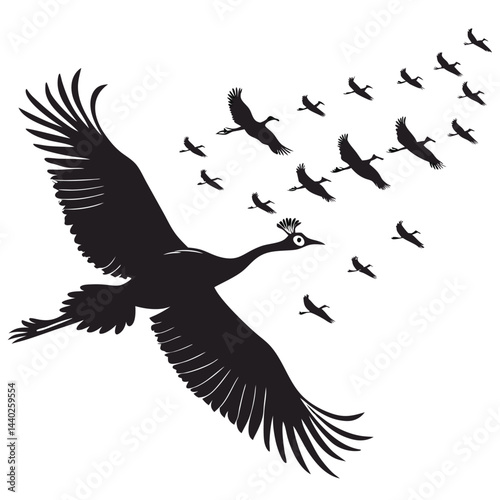 Black silhouette of crowned crane leading flock across white background vector illustration