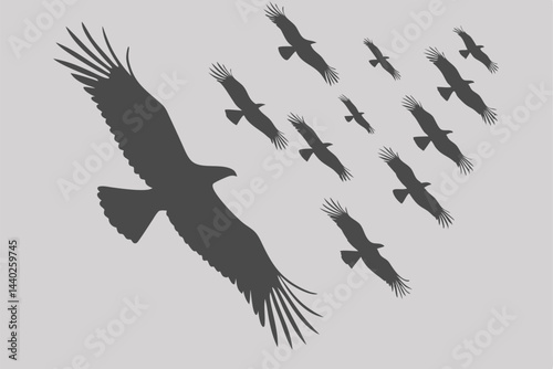Eagle silhouettes group flying together against sky background vector illustration graphic