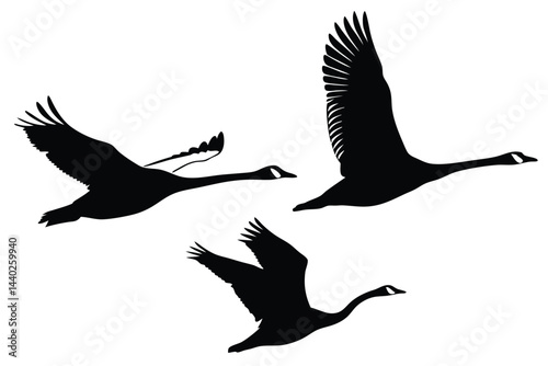 Elegant geese silhouettes against white background in flight vector illustration