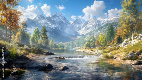 Autumn Mountain Stream with Snow-capped Peaks - Realistic Landscape Illustration