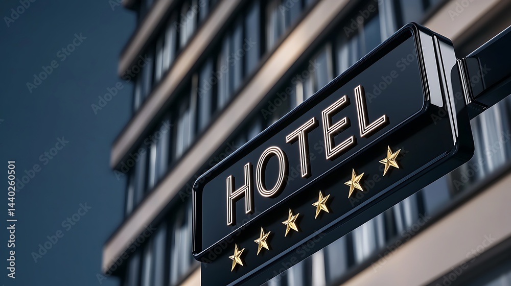 Obraz premium Hotel sign with gold stars against a modern building backdrop