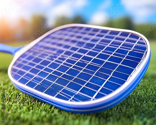 Solar-powered insect zapper resembling a racket, rests on green grass with a blurred sunny background