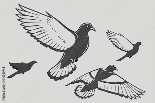 Monochrome illustration of graceful doves flying peacefully in a serene sky