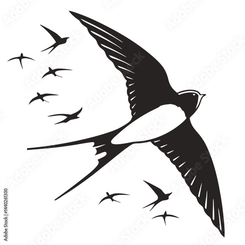 Silhouette illustration of a swallow in flight with smaller birds around