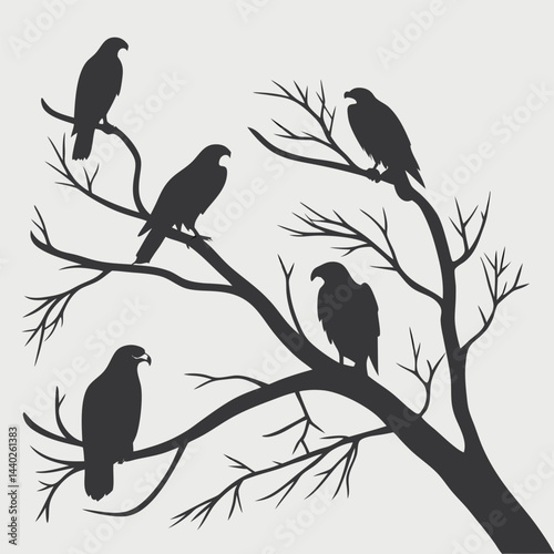Silhouette illustration of eagles perched on branches in a bare tree