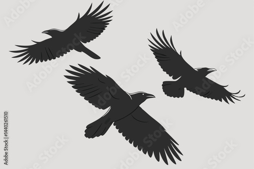 Silhouette illustration of three ravens flying together in formation vector graphic