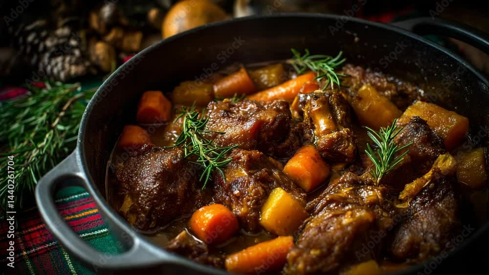 Savory beef stew with carrots and herbs simmering in a pot on a rustic table