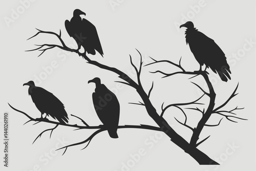 Silhouette of vultures perched on a bare tree branch vector graphic