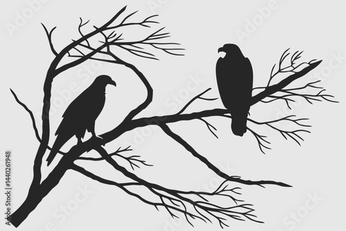 Silhouette of two eagles perched on a bare tree branch illustration