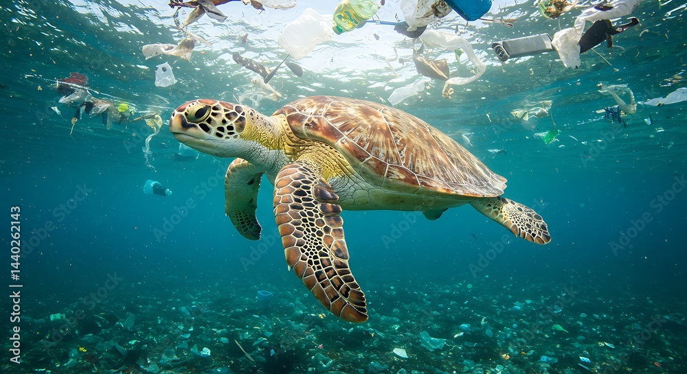 Obraz premium Sea Turtle Swimming Through Ocean with Plastic Pollution Problem