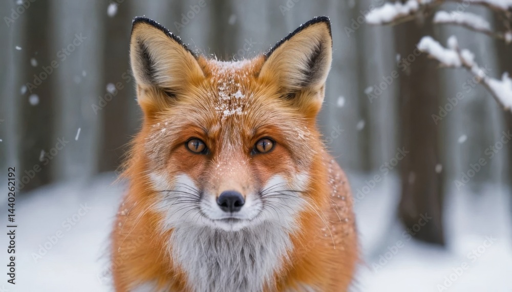 Majestic red fox in a snowy forest setting with soft snowfall and blurred trees in the background, capturing wildlife essence Majestic red fox in a snowy forest setting with soft snowfall and blurred trees in the background, capturing wildlife essence