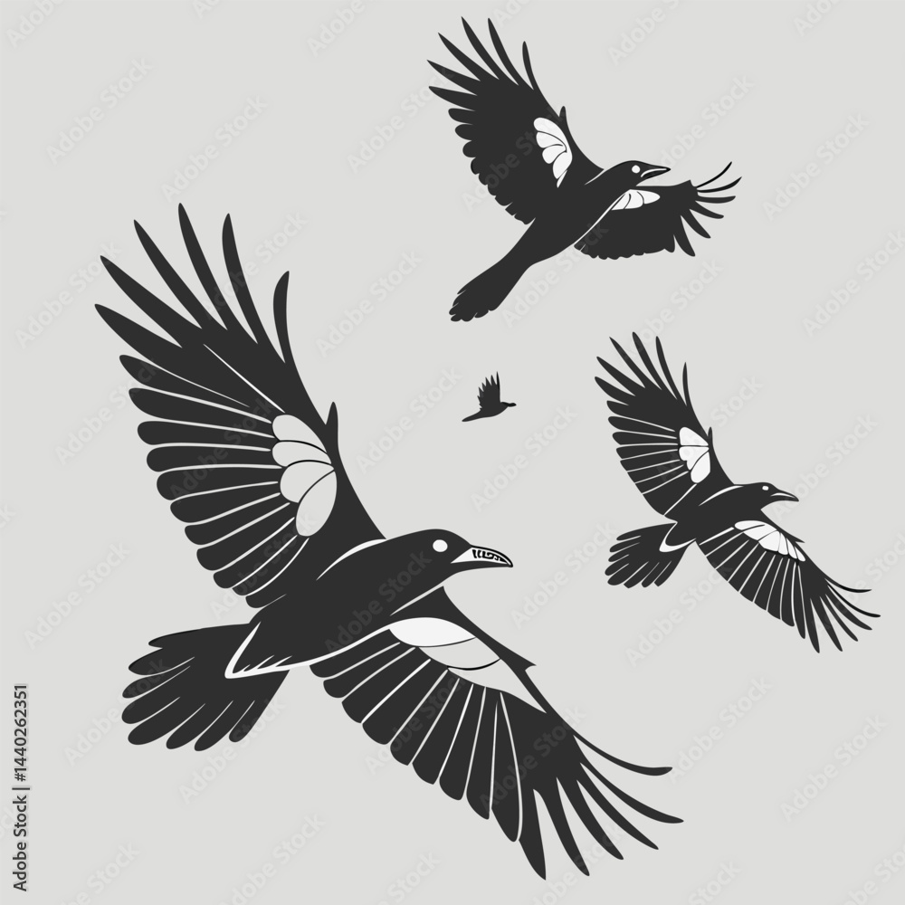 Obraz premium Stylized black and white magpie birds in flight pattern against light background