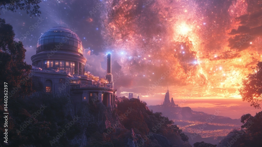 Obraz premium Celestial Observatory: A cosmic sunset over a majestic mountaintop observatory