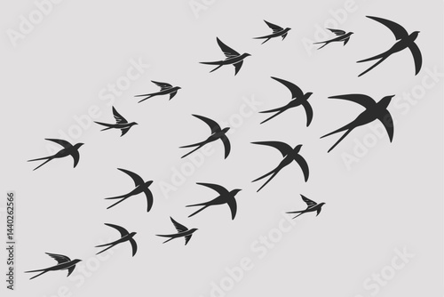 Swallows flying together black silhouette illustration minimalist design flock of birds