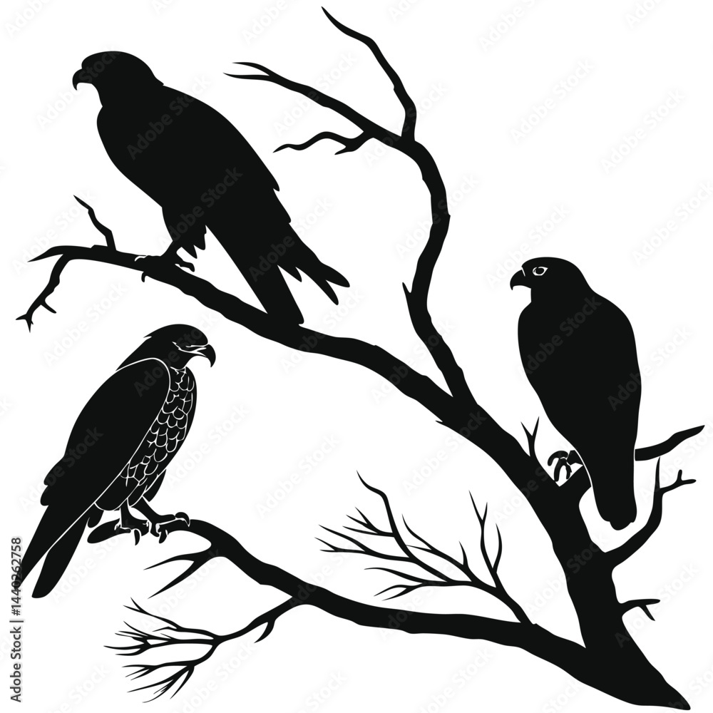 Obraz premium Three hawks silhouettes perched on bare tree branches black and white illustration