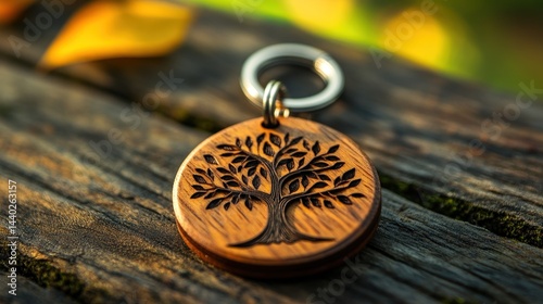 Wooden keychain with a carved tree of life design on a rustic wooden surface.