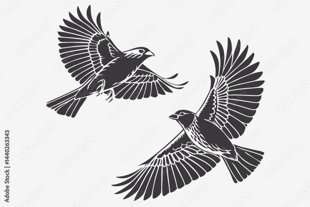 Fototapeta premium Two sparrows flying illustration dark vector silhouette birds in flight minimalist design