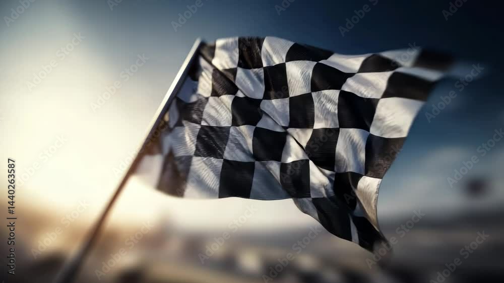 A checkered race flag symbolizing victory and competition, captured in soft focus.