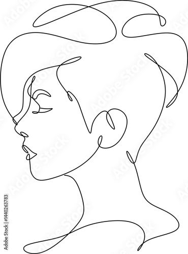 Minimalist female portrait created with a single line. The image conveys sophistication, calmness and grace