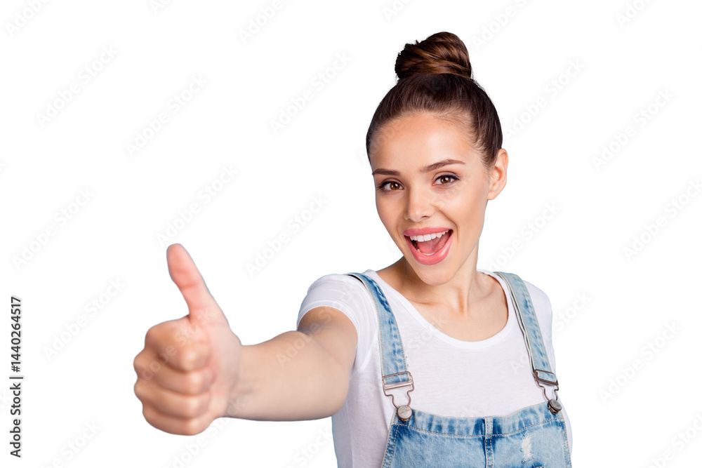Portrait of cheerful lady showing thumb up screaming wearing white t-shirt denim jeans isolated over blue background Portrait of cheerful lady showing thumb up screaming wearing white t-shirt denim jeans isolated over blue background