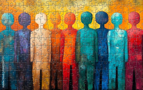 Vibrant puzzle pieces assembling into diverse human forms, abstract art symbolizing diversity and inclusion, strong bold tones, unity and equality theme, 8K detail,  masterpiece