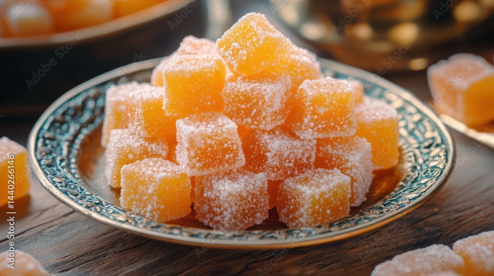 Delicate Citrus Flavored Turkish Delights on an Ornate Silver Platter Delicate Citrus Flavored Turkish Delights on an Ornate Silver Platter