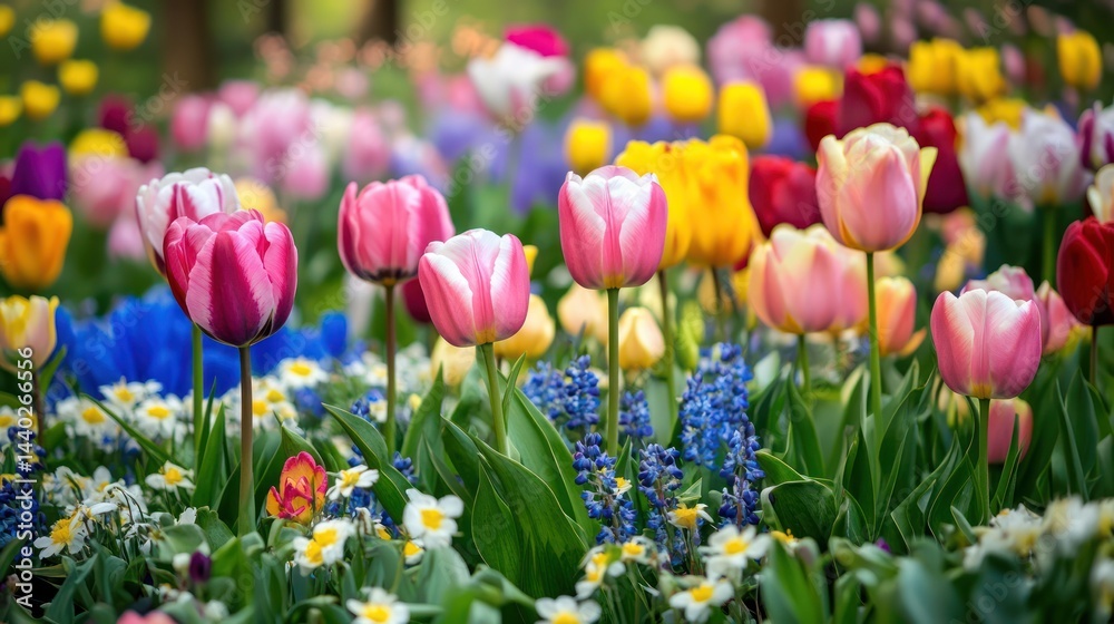 Enchanting panorama of a vibrant tulip field in full bloom, captivating beauty Enchanting panorama of a vibrant tulip field in full bloom, captivating beauty
