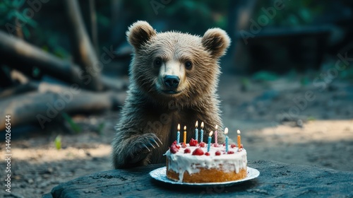 A sweet birthday celebration of a bear cub in the wild forest with cake