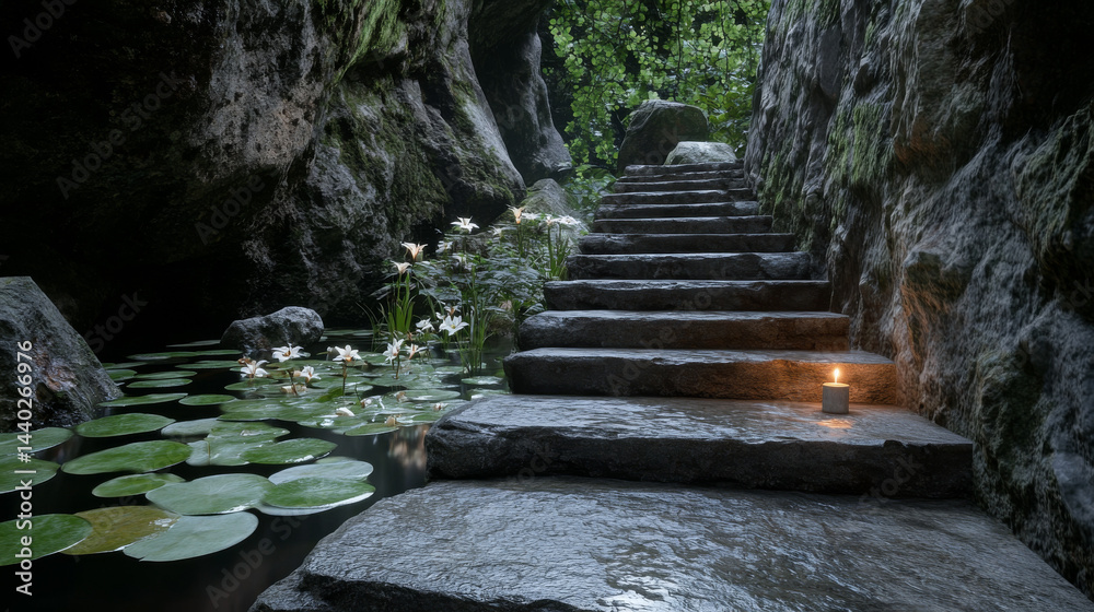A pathway of stone steps ascends through a vibrant cave, surrounded by blooming flowers and calm water. A flickering candle offers soft light, creating a serene and magical atmosphere in the dusk
