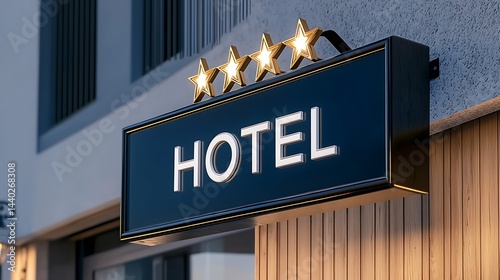 Illuminated hotel sign with four stars mounted on a building exterior