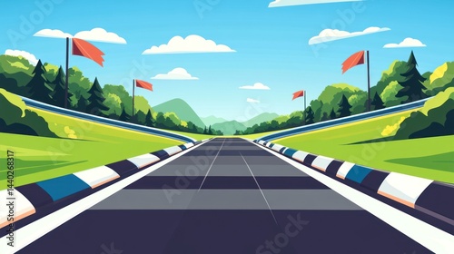 Race track, green hills, flags, sunny day, game design
