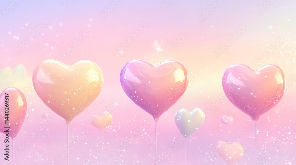 Pastel heart balloons float, dreamy sky, Valentine's Pastel heart balloons float, dreamy sky, Valentine's