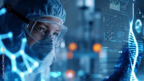 A scientist working in a lab with a computer and futuristic data, symbolizing research and technology.