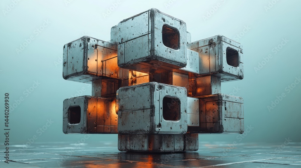 Fototapeta premium Abstract cube structure made of metal blocks with glowing interior light.