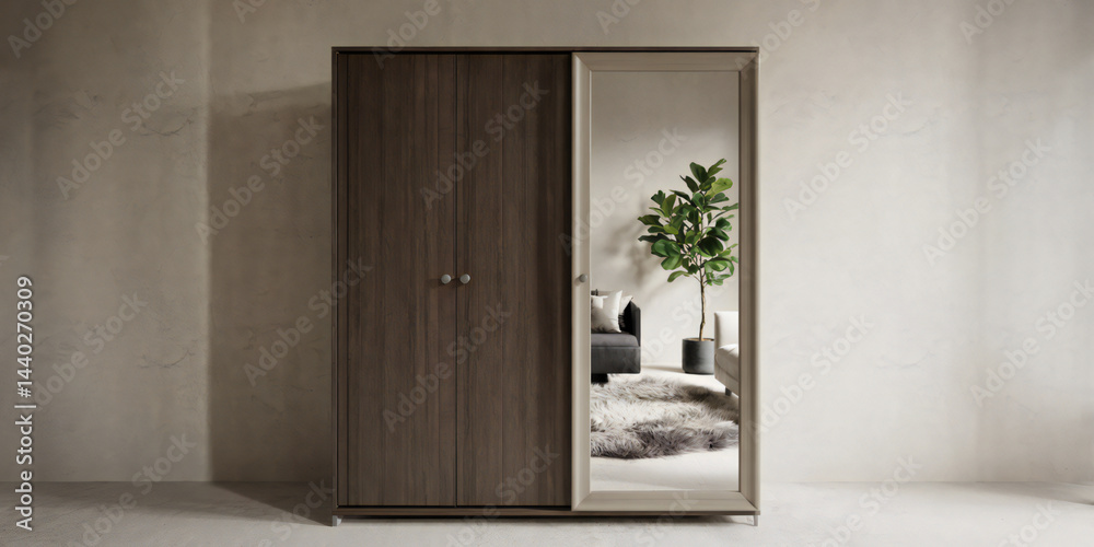 Fototapeta premium Modern Sliding Door Wardrobe with Mirrored Panel in Minimalist Room Setting
