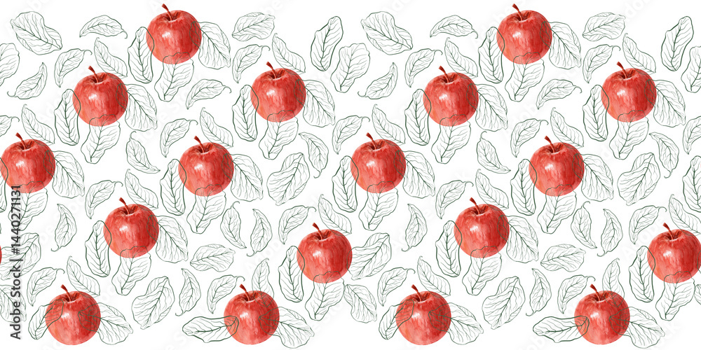 Watercolor seamless pattern with apples, pears framed
by calligraphic swirls and abstract contours Watercolor seamless pattern with apples, pears framed
by calligraphic swirls and abstract contours