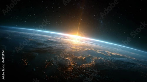 An aerial view of Earth from space during sunrise, symbolizing nature and exploration.