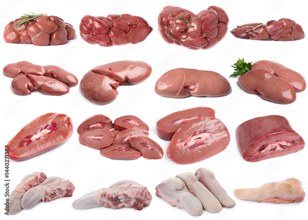 Fresh raw organ meats on white background, set Fresh raw organ meats on white background, set