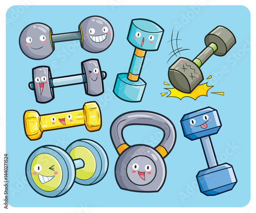 Kawaii and funny dumbbell cartoon character illustration set