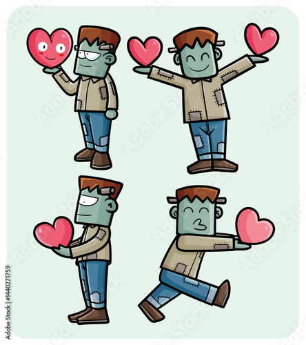 Cute and funny Frankenstein bringing heart cartoon illustration set