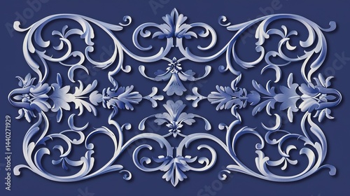 Rococo Style Light Blue Background: Royal, Vintage Gothic Horizontal Background in Dark Blue Ultramarine with Classic Baroque Pattern