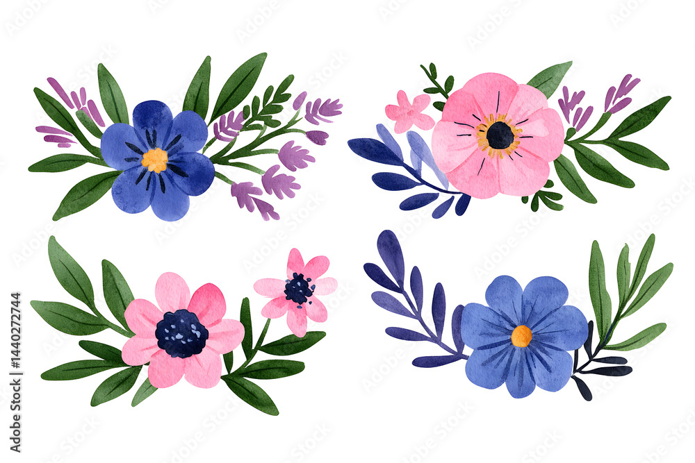 Obraz premium Watercolor wildflowers and leaves illustration set isolated on white